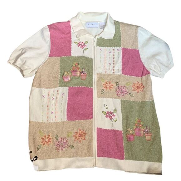 Vintage 90s Embroidered Cardigan Oatmeal Patchwork Light Pink Floral Knit Zipper - Picture 7 of 12